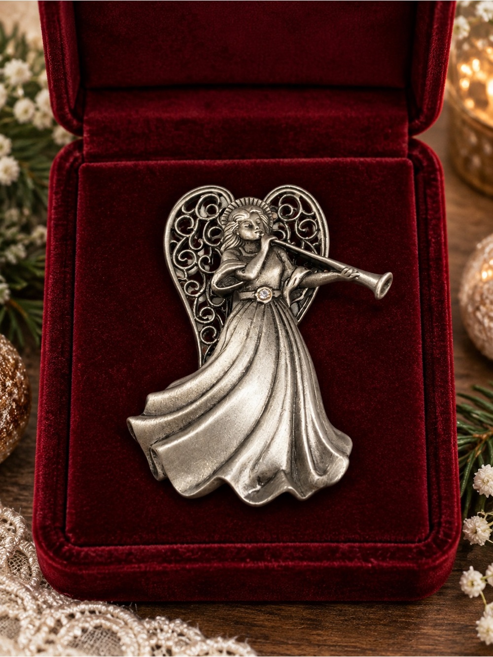 JJ Silver Tone Angel Trumpet Brooch Pin Rhinestone Accent Heavenly Style Jewelry